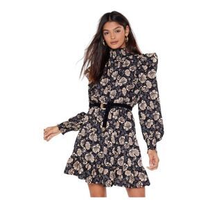 Nasty Gal chic floral minidress high ruffle neck retro style party cocktail dres
